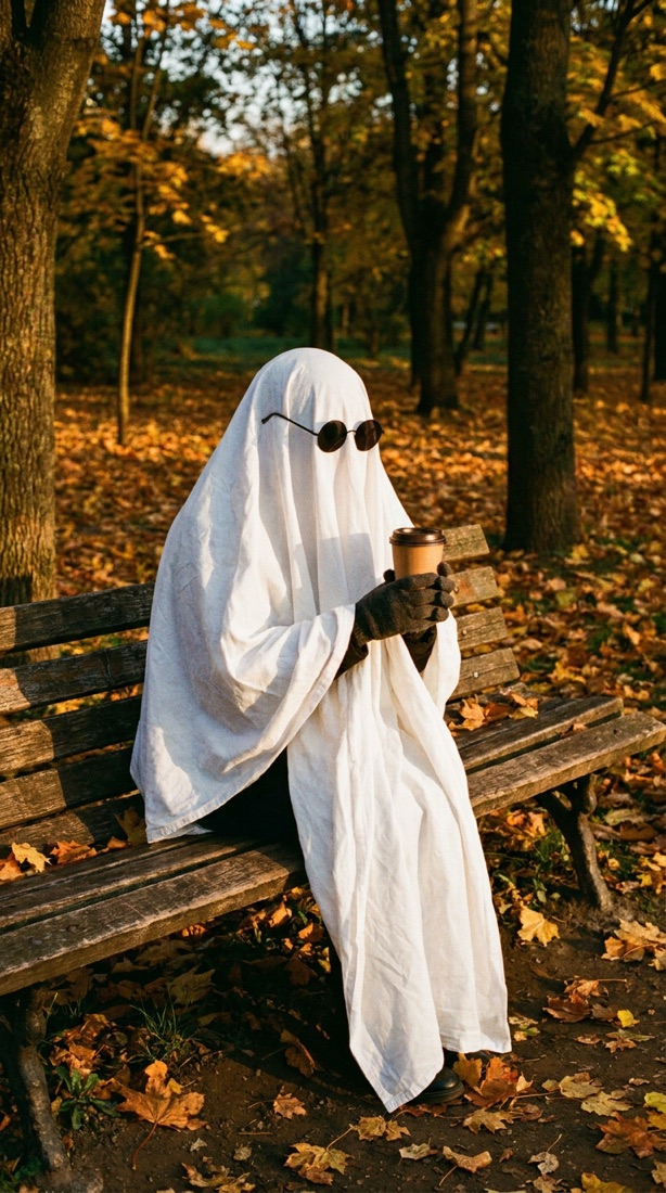 AI-generated ghost photoshoot example: coffee on the park bench