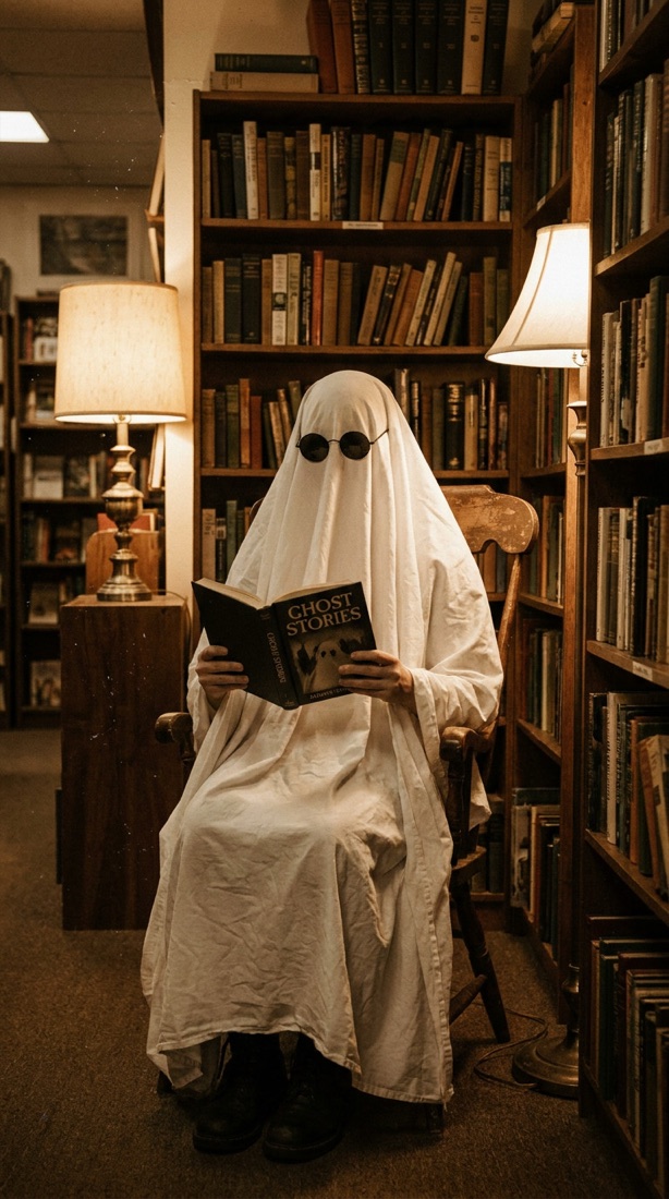 AI-generated ghost photoshoot example: the bookshop ghost
